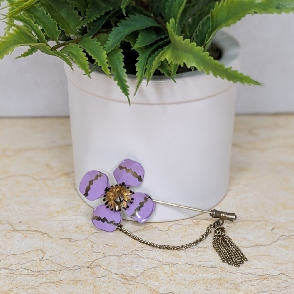 Vintage Purple Gold Enamel Floral Pin Brooch with Chain Accent - Picture 7 of 7